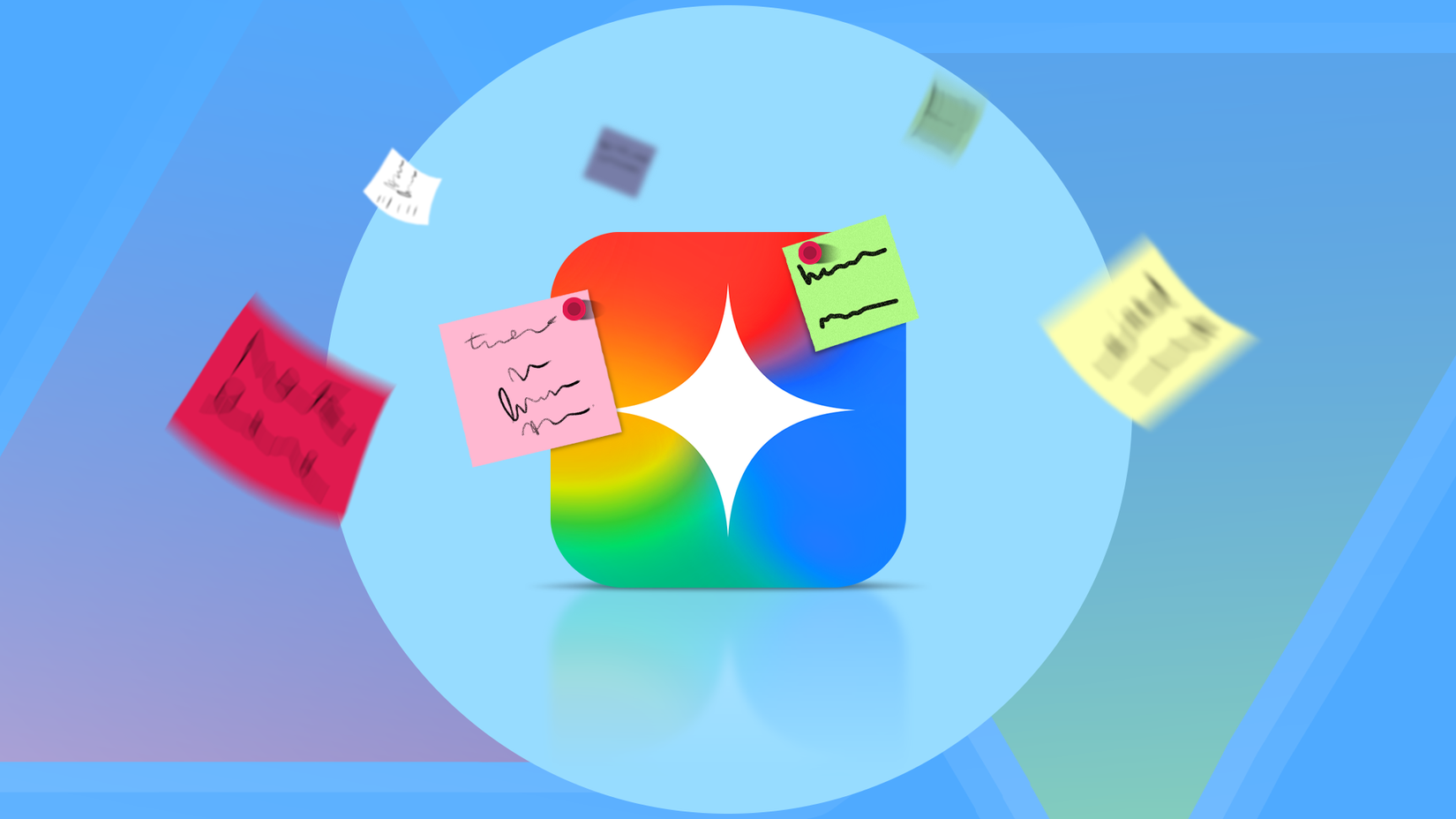 Gemini logo icon surrounded by floating sticky notes with scribbled text