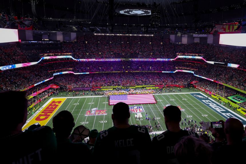 A general view of fans standing for the National Anthem before Super Bowl LIX between the Kansas City Chiefs and the Philadelphia Eagles on Sunday February 9, 2025 at the Caesars Superdome in New Orleans, LA.