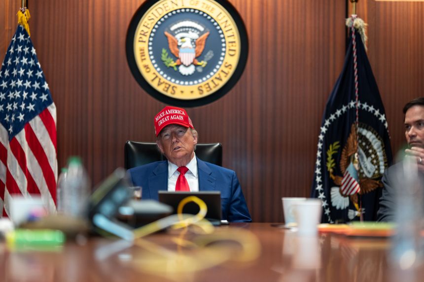 US President Donald Trump and Secretary of State Marco Rubio  sit in the Situation Room as they monitor the mission that took out three Iranian nuclear enrichment sites, at the White House in Washington DC, on June 21, 2025.