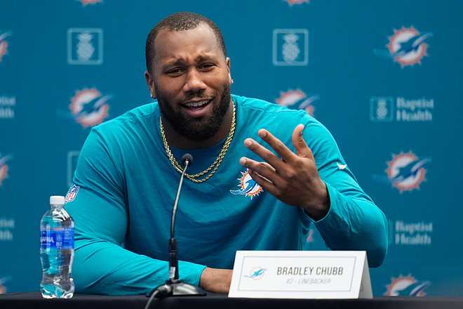 Miami Dolphins Training Day In Madrid MADRID, SPAIN - NOVEMBER 12: Bradley Chubb of the Miami Dolphins attends his press conference during their training day ahead the National Football League (NFL) 2025 Madrid Game against Washington Commanders at Riyadh Air Metropolitano on November 12, 2025, in Madrid, Spain. (Photo By Dennis Agyeman/Europa Press via Getty Images)
