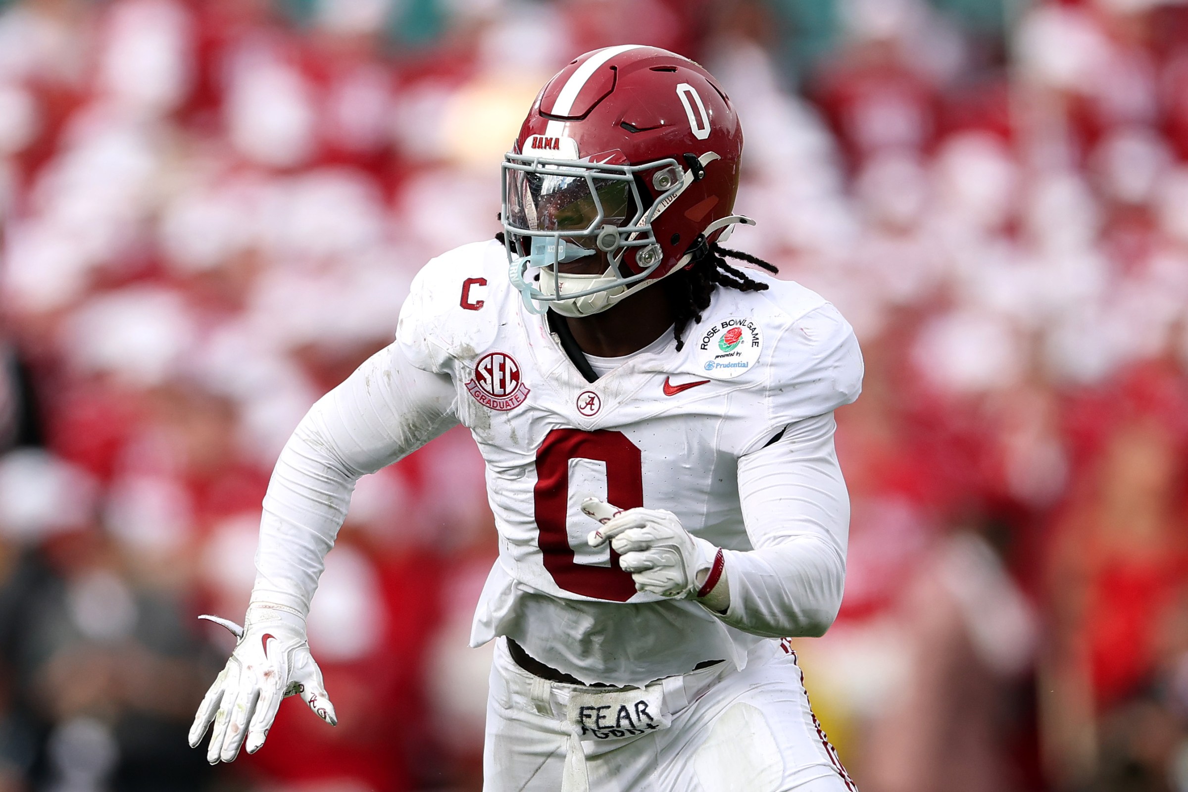 PASADENA, CALIFORNIA - JANUARY 01: Deontae Lawson #0 of the Alabama Crimson Tide in action against the Indiana Hoosiers in the College Football Playoff Quarterfinal at Rose Bowl Stadium on January 01, 2026 in Pasadena, California. (Photo by Luke Hales/Getty Images)
