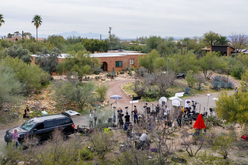 News crews gather outside Nancy Guthrie's home on Thursday, February 12.
