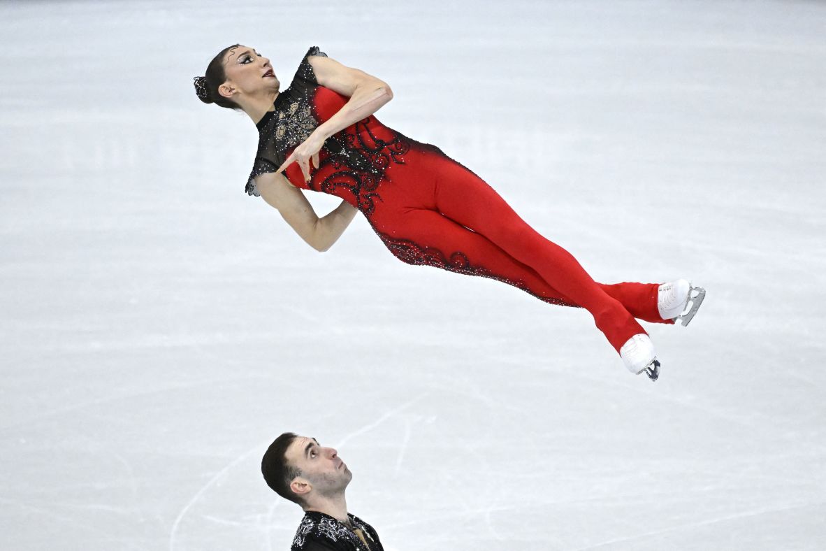 Georgia's Luka Berulava and Anastasiia Metelkina compete in the pairs figure skating short program on February 15.