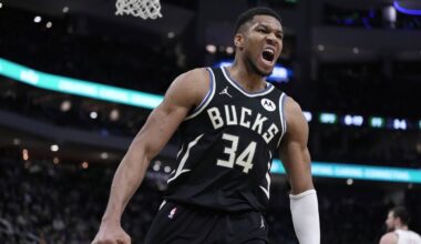 Milwaukee Bucks' Giannis Antetokounmpo reacts during the first half of an NBA basketball game Thursday, Feb. 20, 2025, in Milwaukee.