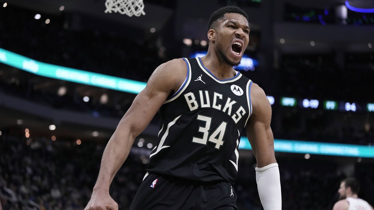 Milwaukee Bucks' Giannis Antetokounmpo reacts during the first half of an NBA basketball game Thursday, Feb. 20, 2025, in Milwaukee.