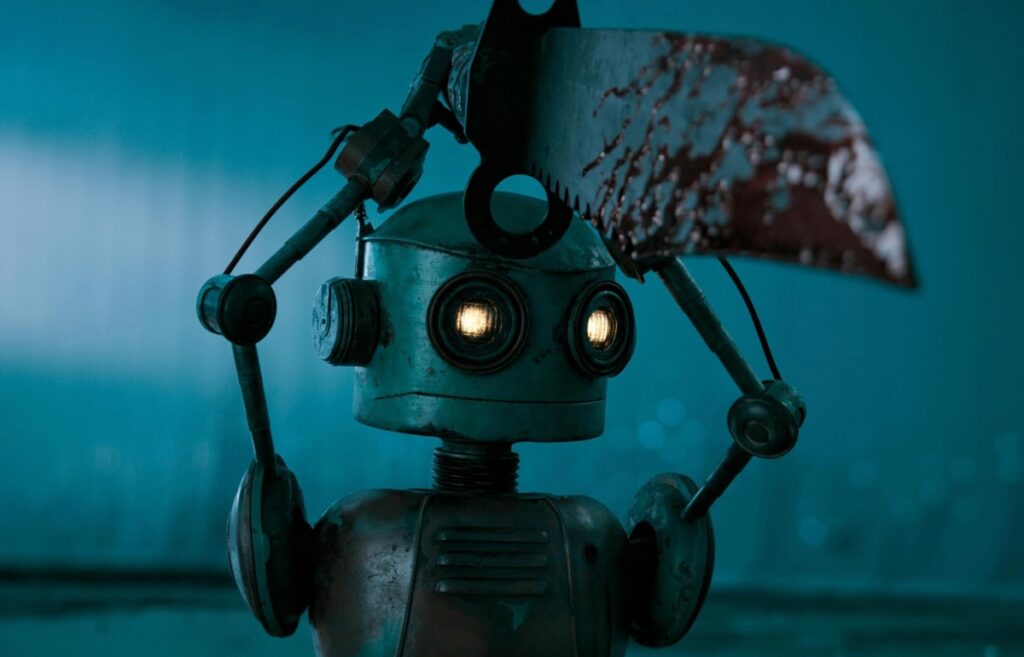 image of a small humanoid robot holding a knife almost as large as itself above its head