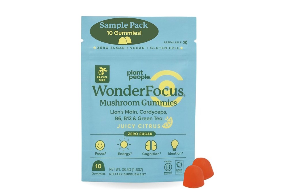 Blue package of orange gummies