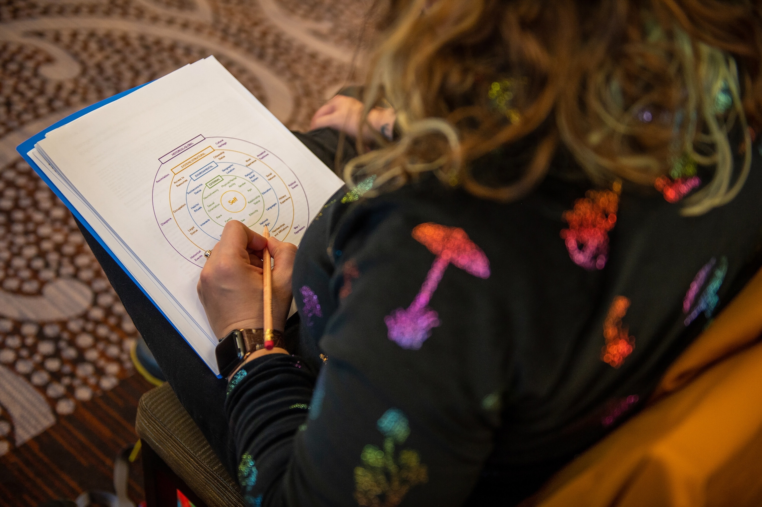 A person sits, viewed from behind, holding a pencil and annotating a diagram on paper. Their sweater features colorful, embroidered mushrooms.