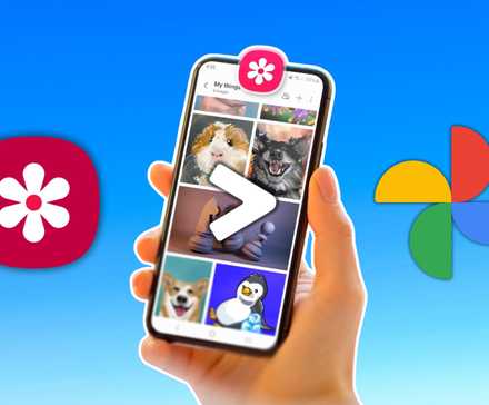Hand holding Samsung phone with Gallery app open and Google Photos and Gallery icon on sides