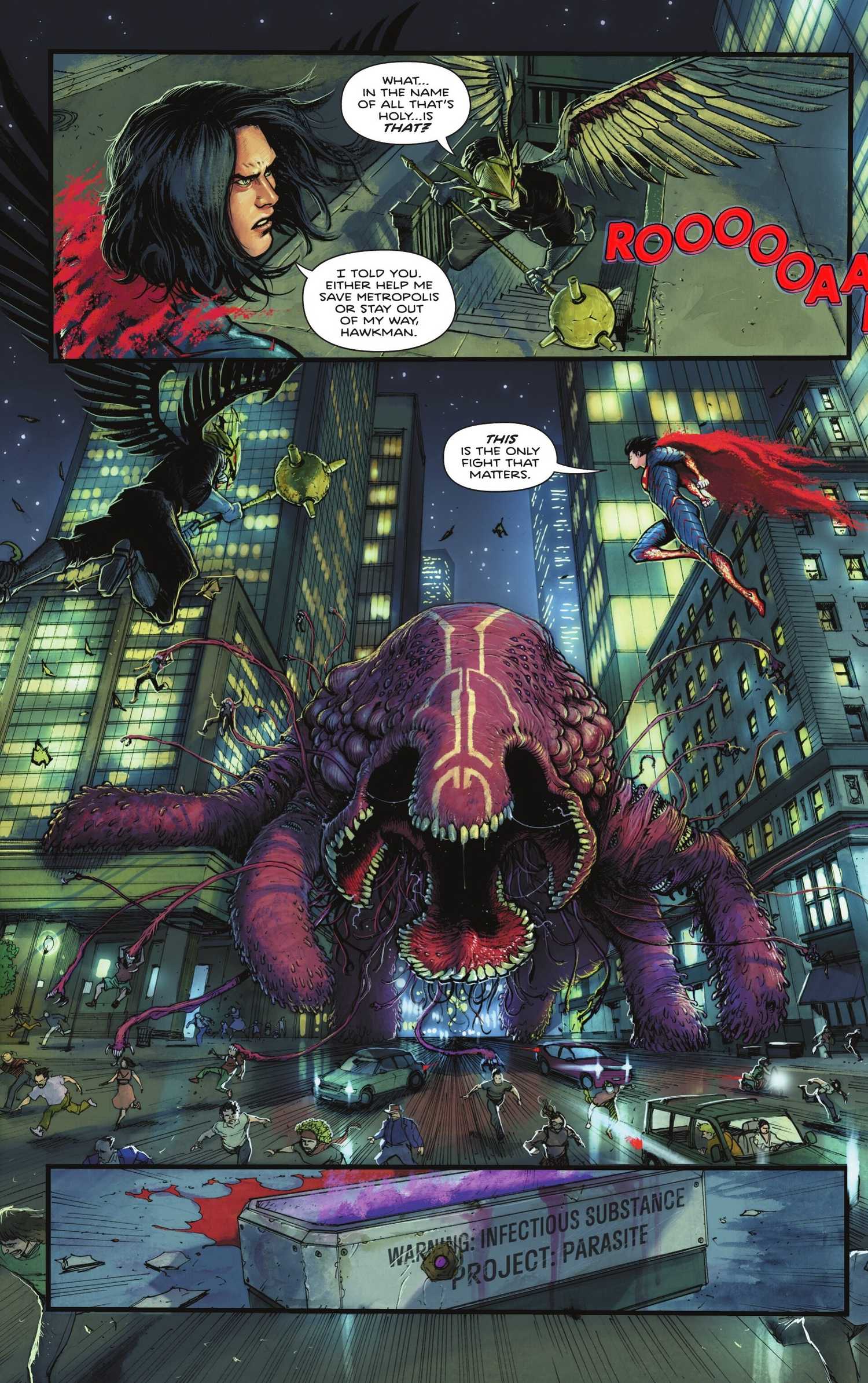 Hawkman and Superman Facing Absolute Parasite