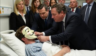 An AI-generated image featuring a crowd of businesspeople gathered around the hospital bed of a masked patient, trying to remove his mask. Z-Image Turbo + Qwen Edit V1, via Krita AI Diffusion.