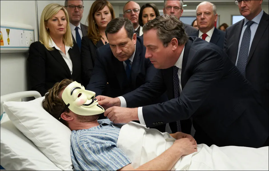 An AI-generated image featuring a crowd of businesspeople gathered around the hospital bed of a masked patient, trying to remove his mask. Z-Image Turbo + Qwen Edit V1, via Krita AI Diffusion.