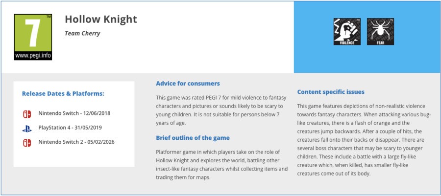 Hollow Knight PEGI Rating