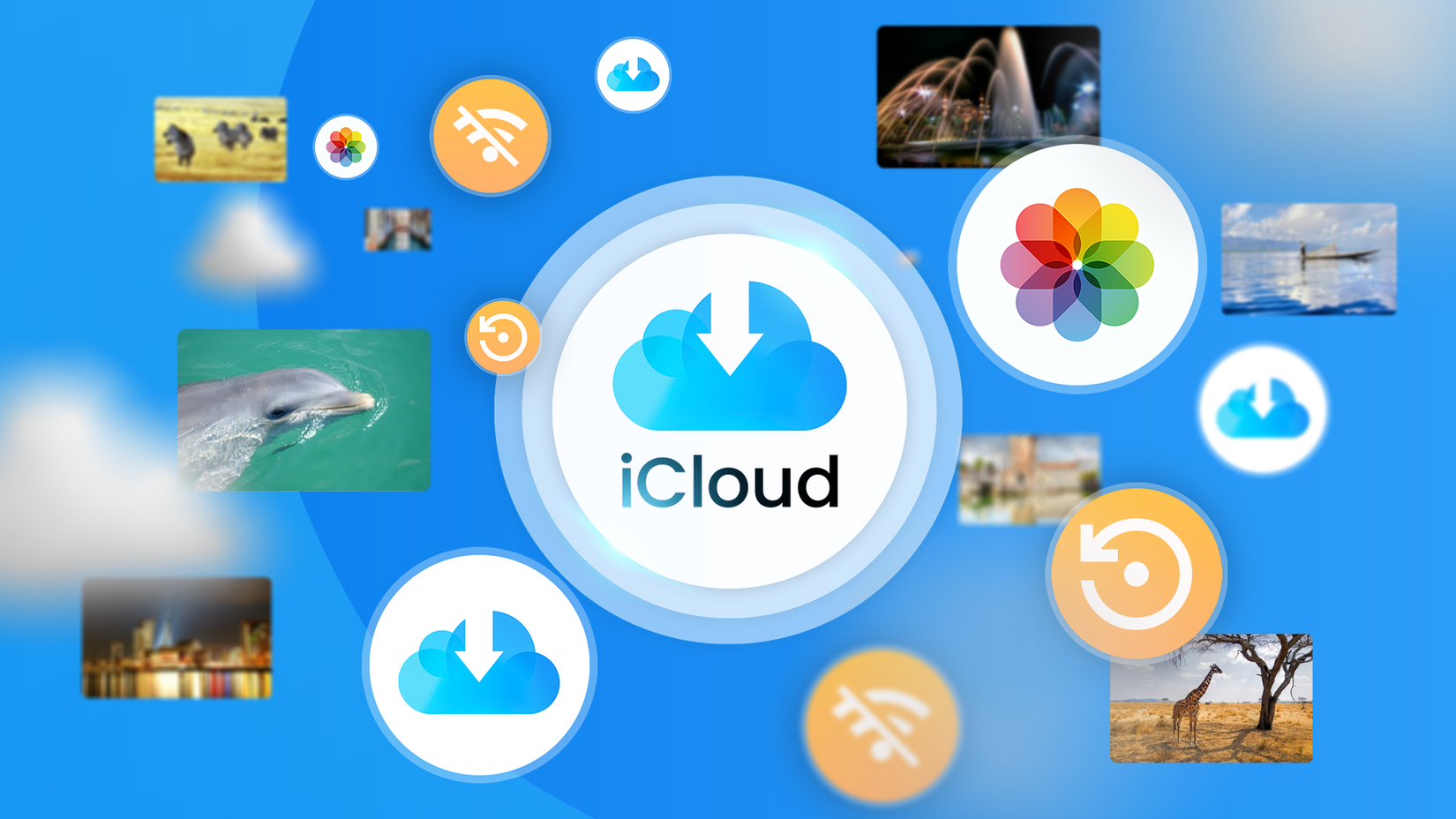 iCloud logo with several photos around it and backup and offline icons.