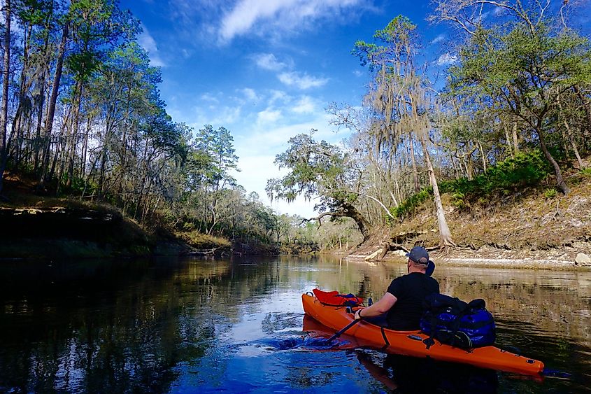 People kayaking on the Suwannee River, via Battered Backpacks