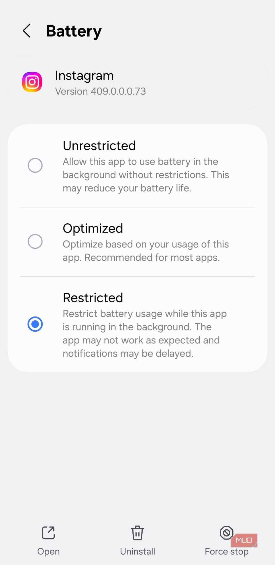 Instagram battery settings on Android