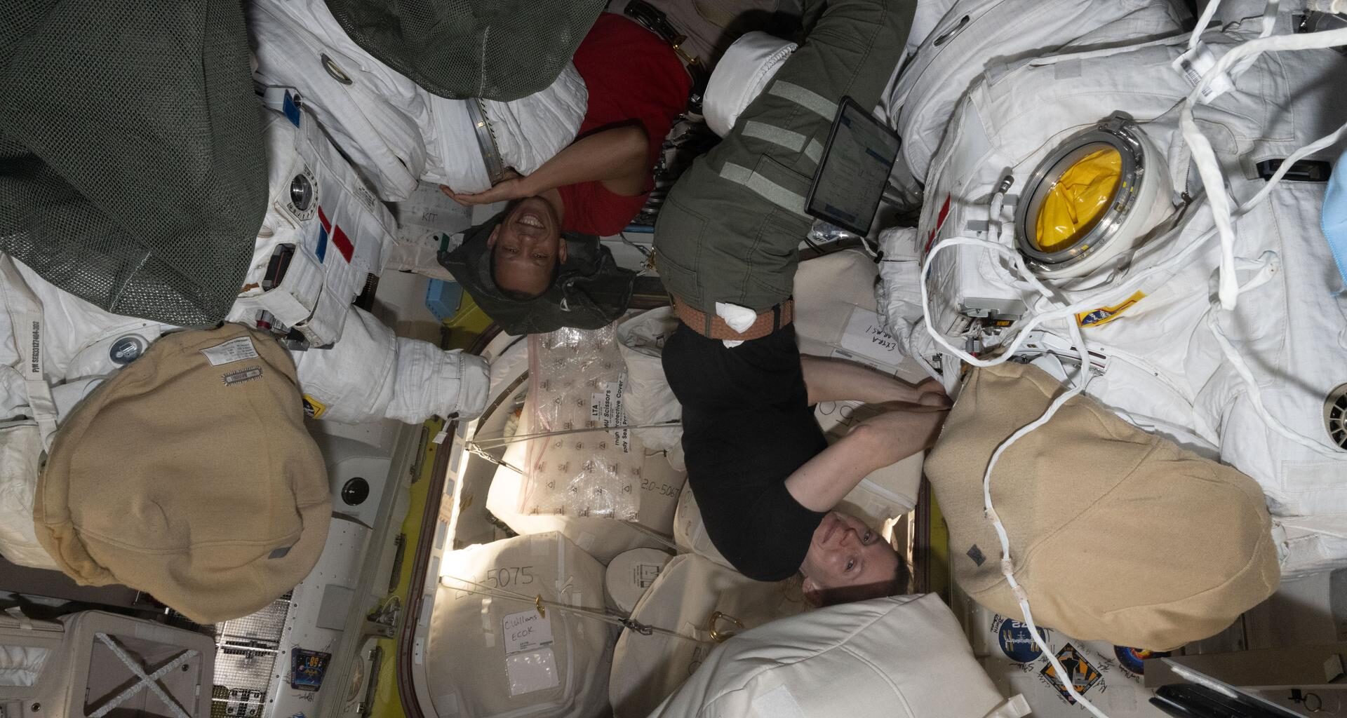 NASA astronauts Chris Williams and Zena Cardman, both Expedition 74 Flight Engineers, work on spacesuit maintenance inside the International Space Station's Quest airlock.