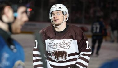 Ivan Miroshnichenko scores twice, including the game-winning goal, in Hershey’s 3-2 comeback victory over the Marlies
