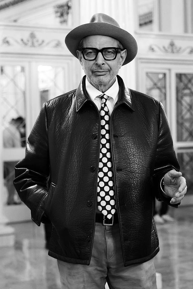 milan, italy february 06: (editors note: this image has been converted to black and white.) jeff goldblum, american actor and musician, arrives on the red carpet as they attend the opening ceremony during the milano cortina 2026 winter olympics at teatro alla scala on february 06, 2026 in milan, italy. (photo by vittorio zunino celotto/getty images)