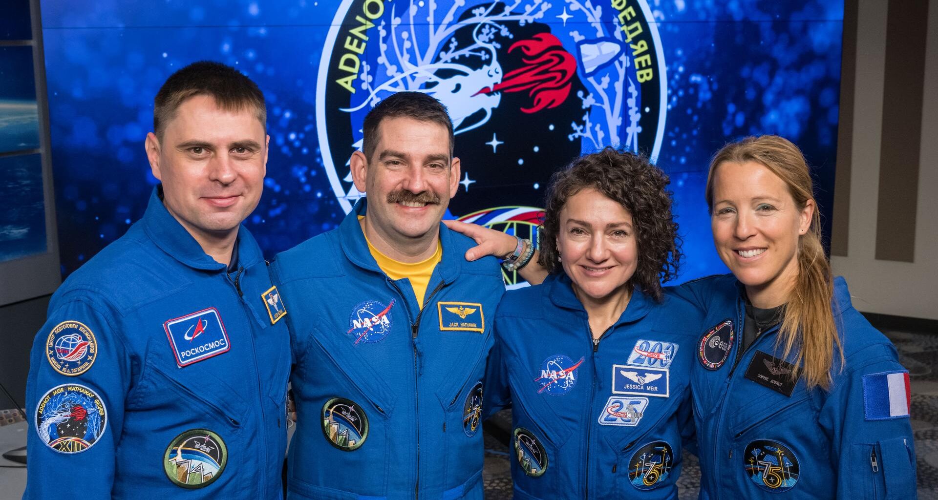 The four crew members representing NASA's SpaceX Crew-12 mission to the International Space Station pose for a portrait at the Johnson Space Center in Houston, Texas. From left are, Roscosmos cosmonaut and Mission Specialist Andrey Fedyaev, NASA astronauts Jack Hathaway and Jessica Meir, Crew-12 Pilot and Commander respectively, and ESA (European Space Agency) astronaut and Mission Specialist Sophie Adenot.