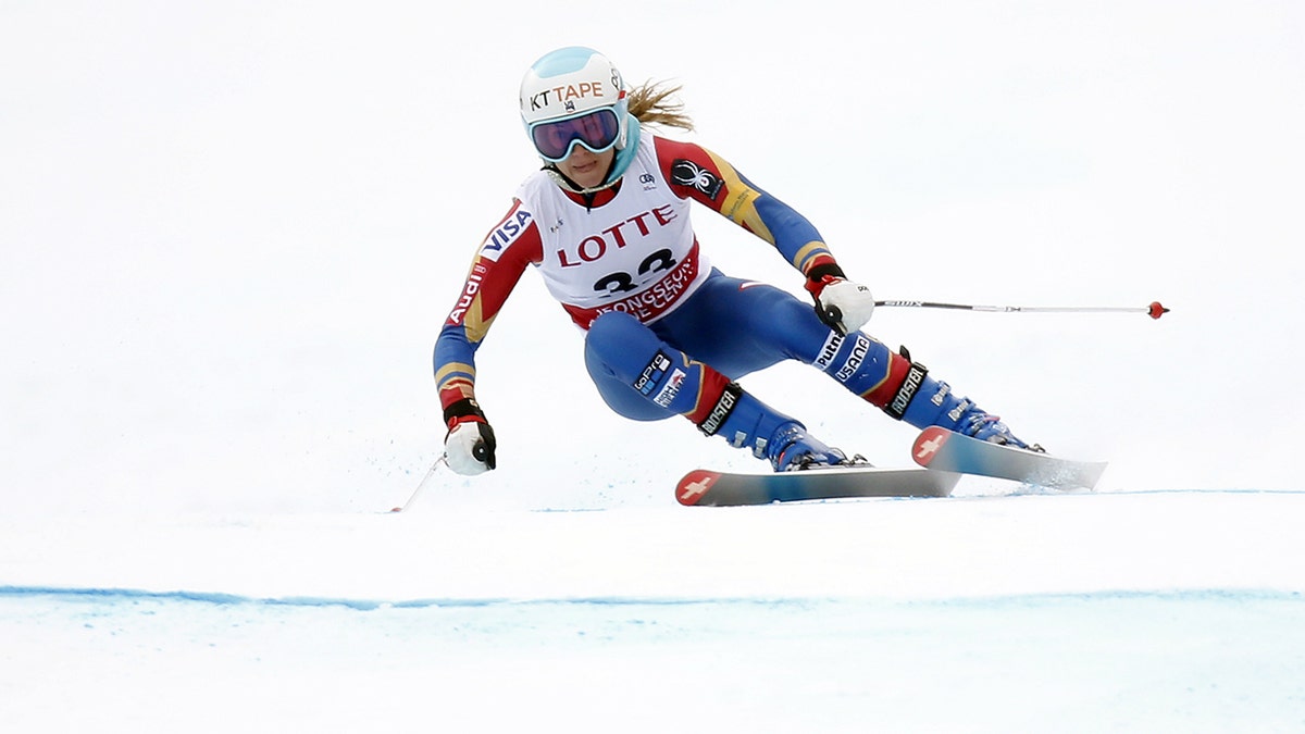 Julia Mancuso of USA seen skiing downhill as she competes during the Audi FIS Alpine Ski World Cup Women's Downhill Training on March 02, 2017 in Jeongseon, South Korea.