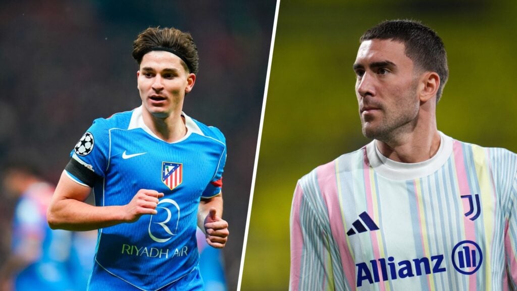 Atletico Madrid forward Julian Alvarez running and Juventus striker Dusan Vlahovic warming up