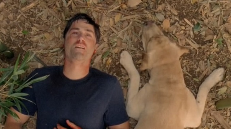 Jack Shephard lying on the ground with Vincent the dog on Lost