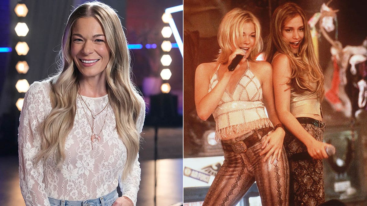 A split of LeAnn Rimes smiling and LeAnn and Piper Perabo dancing on a bar in Coyote Ugly