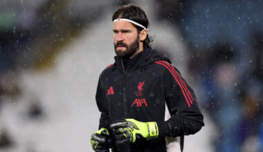 LEEDS, ENGLAND - DECEMBER 06: Alisson Becker of Liverpool warms up prior to the Premier League match between Leeds United and Liverpool at Elland Road on December 06, 2025 in Leeds, England. (Photo by Alex Livesey/Getty Images) (Salah)