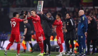 LEEDS, ENGLAND - FEBRUARY 06: Lorenzo Lucca embraces Igor Jesus of Nottingham Forest as Omari Hutchinson and Sean Dyche look on during the Premier League match between Leeds United and Nottingham Forest at Elland Road on February 06, 2026 in Leeds, England. (Photo by George Wood/Getty Images)