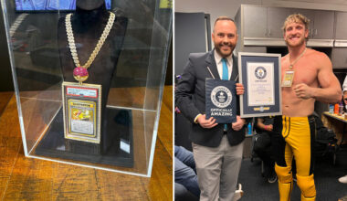 Split image of a Pikachu Illustrator Pokemon card in a glass protective box and Logan Paul standing next to a Guinness World Records adjudicator wearing the Pokemon card and holding a certificate