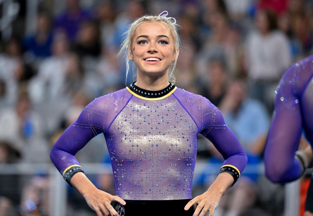 LSU Tigers gymnast Olivia Dunne warming up during the NCAA Women's National Gymnastics Tournament Championship.