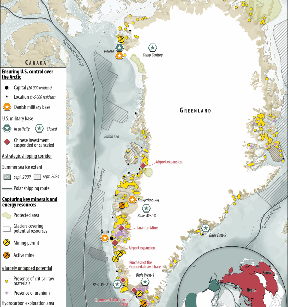Commented map. Greenland in Trump's Crosshairs : Chinese Threat or Race for Critical Minerals ?