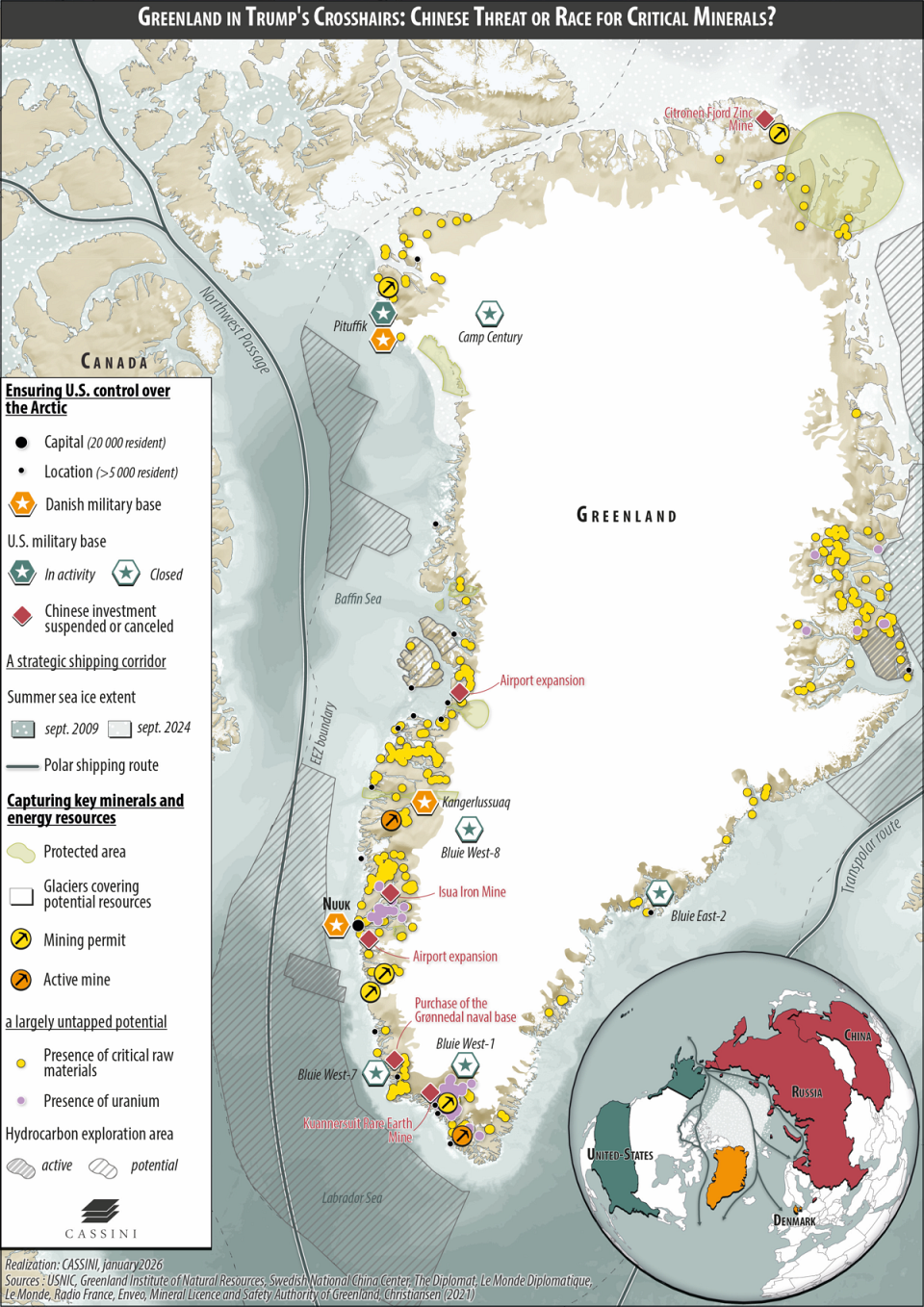 Commented map. Greenland in Trump's Crosshairs : Chinese Threat or Race for Critical Minerals ? 