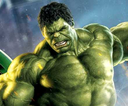 Mark Ruffalo's Hulk jumps with his arms spread out in front of the Avengers MCU logo