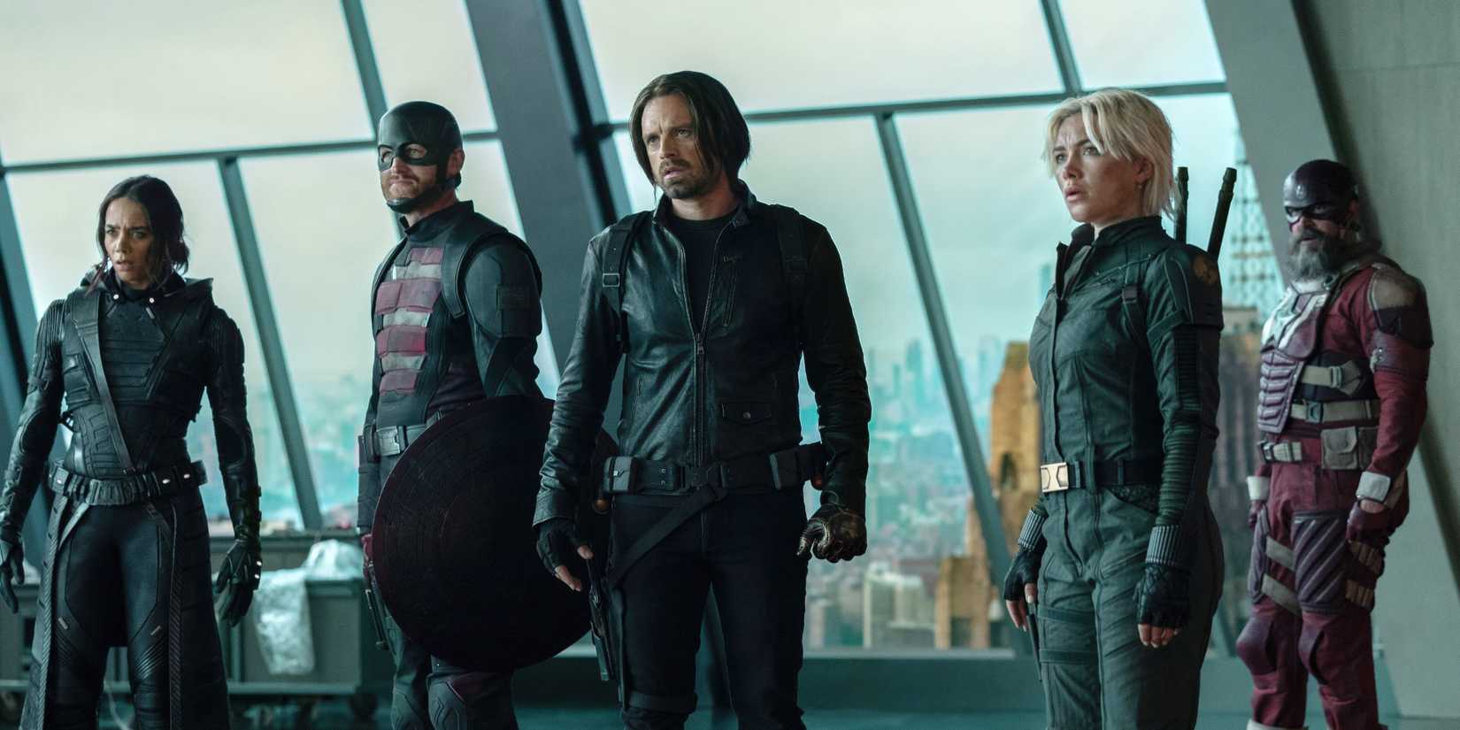 THUNDERBOLTS*, (aka THUNDERBOLTS, aka *THE NEW AVENGERS, aka THE NEW AVENGERS), from left: Hannah John-Kamen as Ghost, Wyatt Russell as John Walker, Sebastian Stan as Bucky Barnes, Florence Pugh as Yelena Belova, David Harbour as Red Guardian