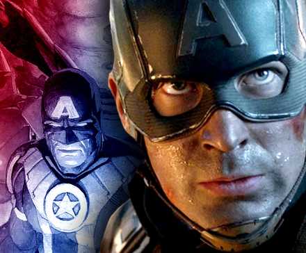 mcu captain america in front of comic captain america and iron man with new avengers costumes