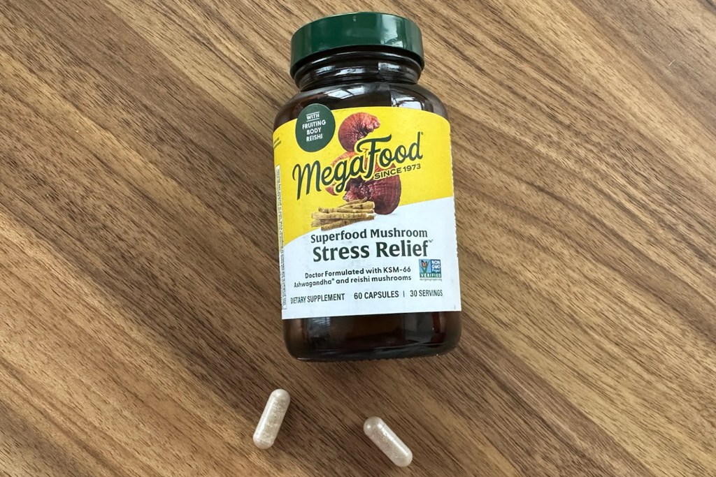 A bottle of mushroom stress relief pills