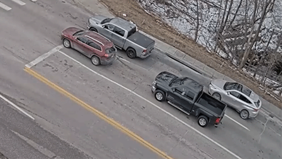 The collapse appeared to be triggered by a pickup truck behind the two cars.