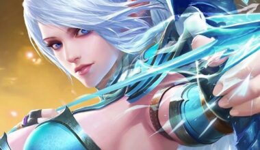 A woman in blue armor pulls a bow.