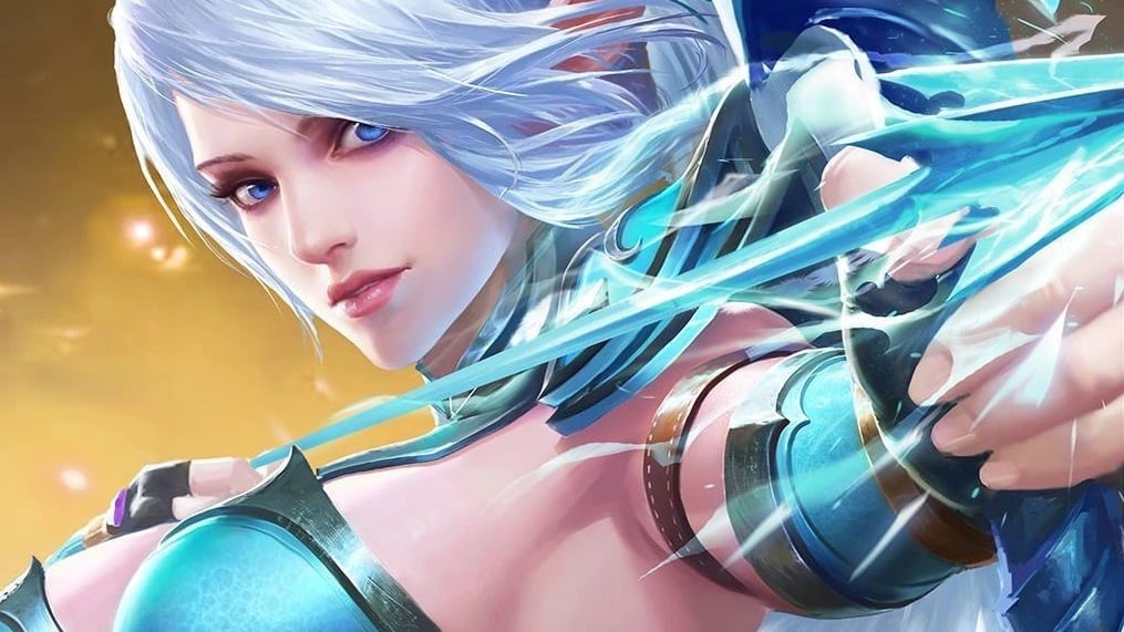 A woman in blue armor pulls a bow.