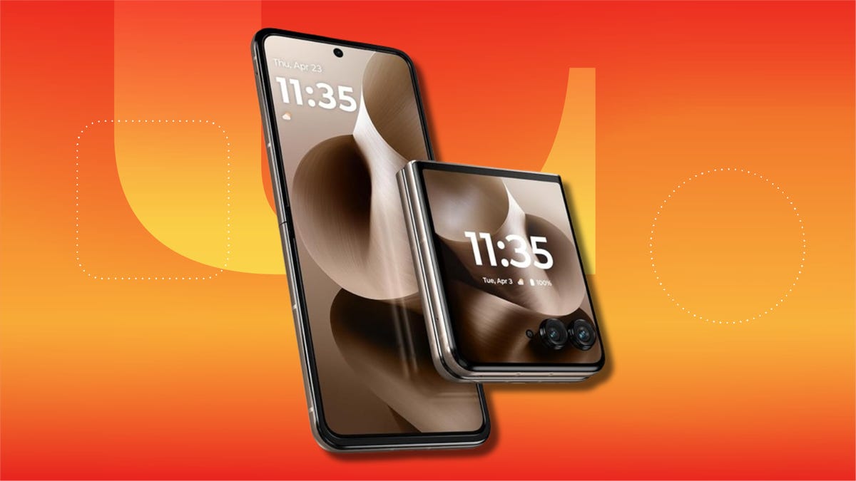 Motorola Razr flip phone against orange CNET background.