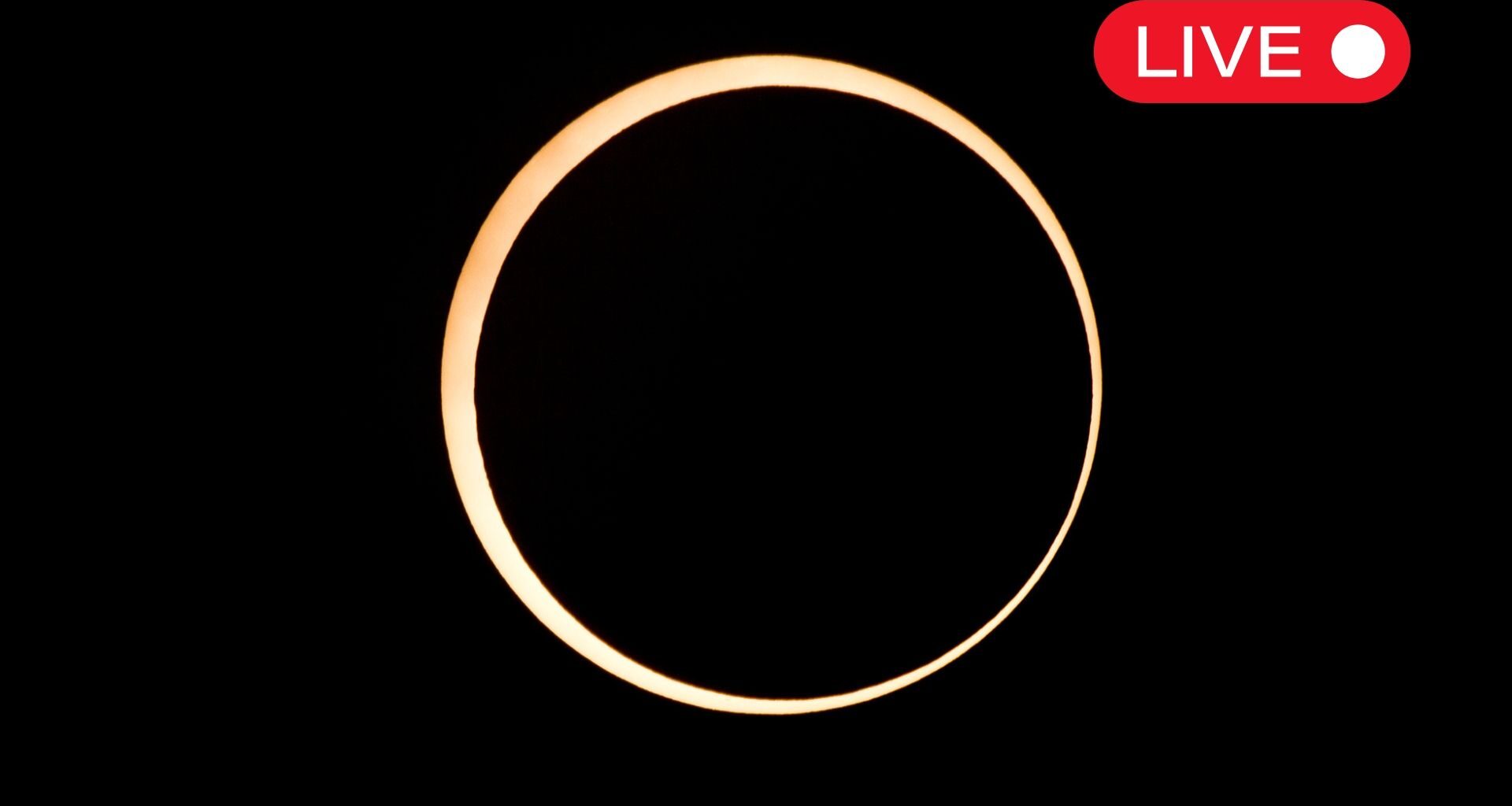 a ring of fire annular solar eclipse appearing as a golden yellow ring of light against a black background. in the top right corner there is a little graphic with "live" written in white text on a red background.