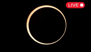 a ring of fire annular solar eclipse appearing as a golden yellow ring of light against a black background. in the top right corner there is a little graphic with "live" written in white text on a red background.