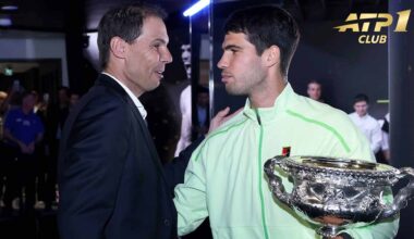 Rafael Nadal speaks with Carlos Alcaraz following the 2026 Australian Open final.