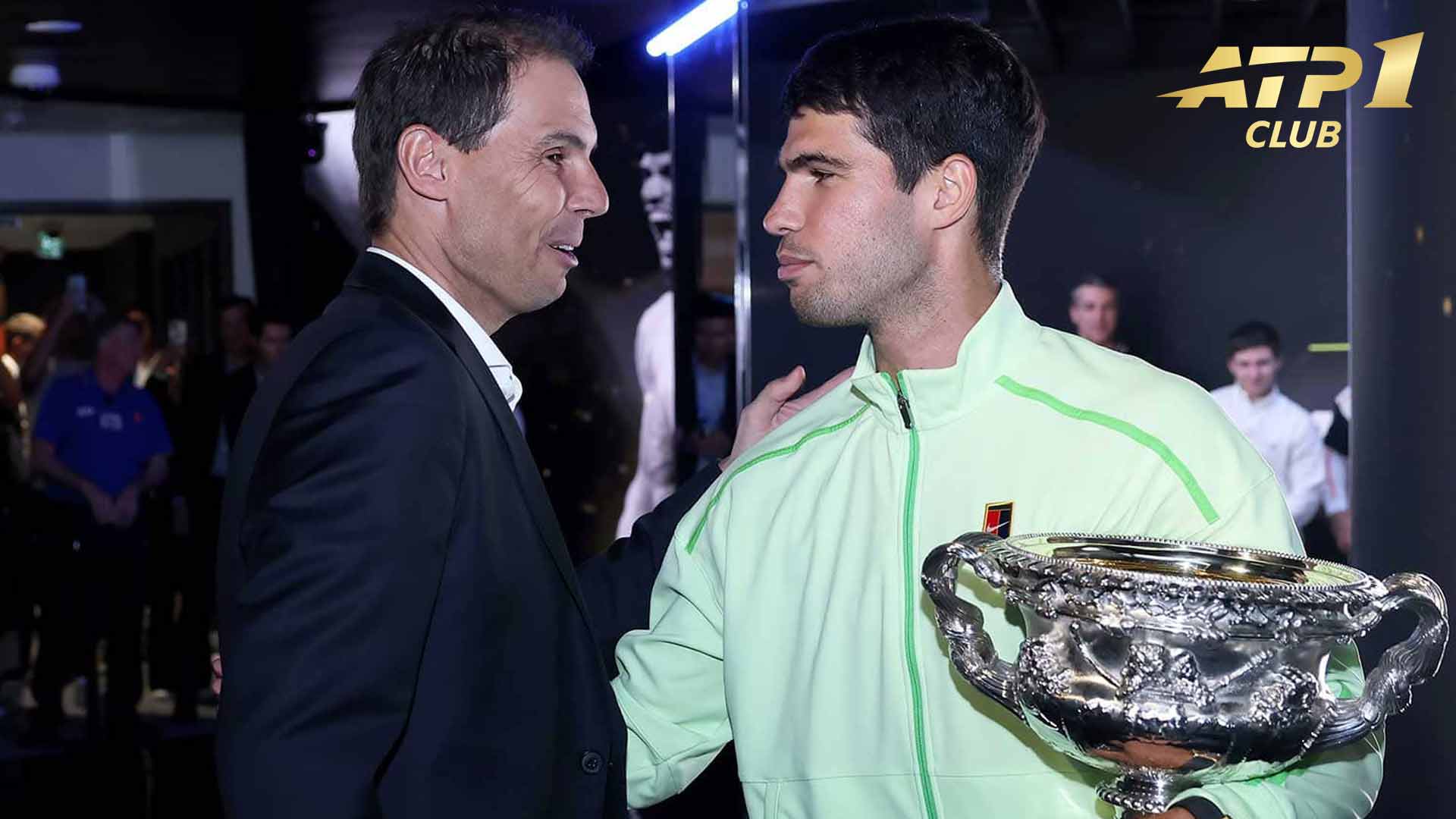 Rafael Nadal speaks with Carlos Alcaraz following the 2026 Australian Open final.