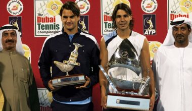 Roger Federer and Rafael Nadal during the trophy ceremony after the 2006 Dubai final.