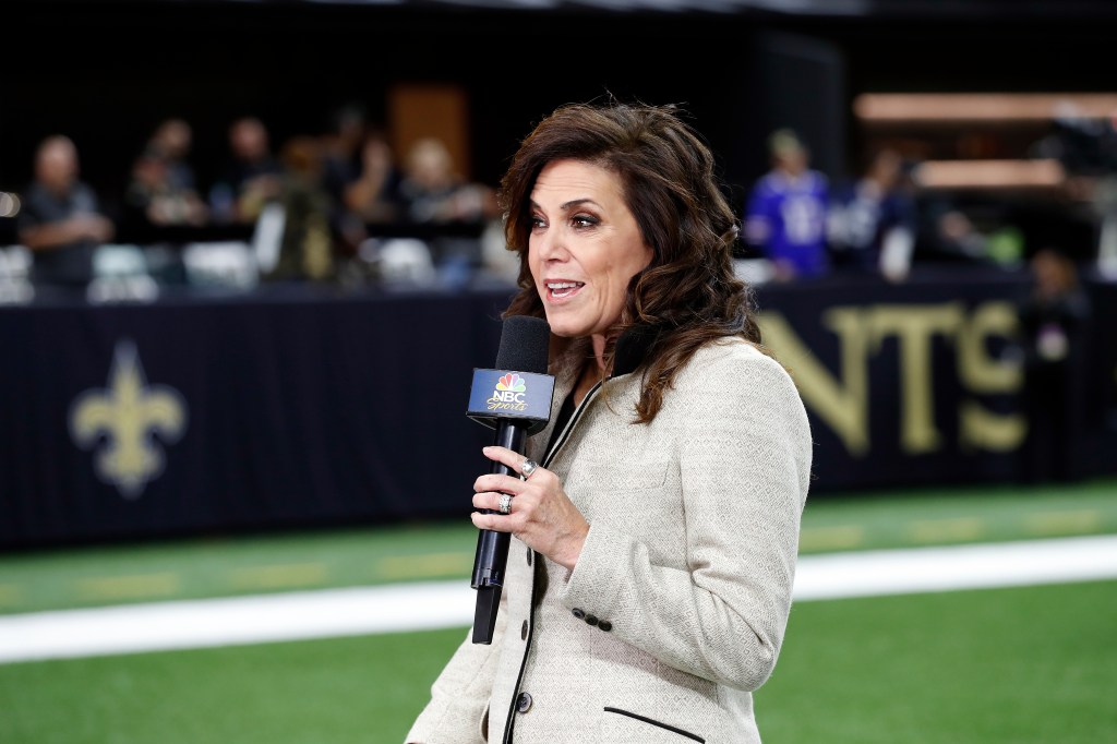 Michele Tafoya reporting for NBC Sports from a football field.