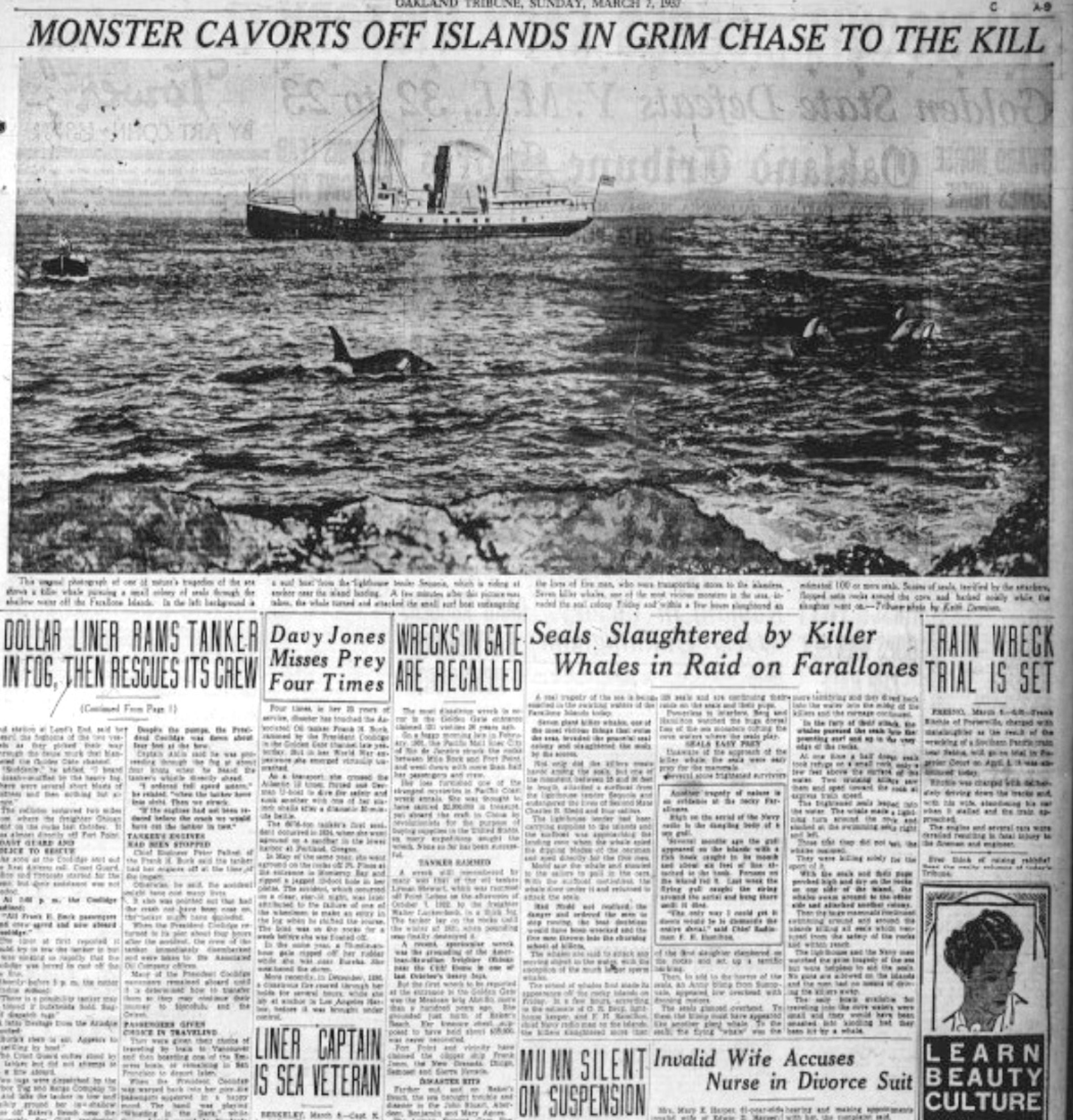 Black-and-white newspaper page with headline about monsters. Features a ship, whale, and ocean waves, dated 1937.