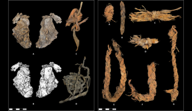 Composite of prehistoric animal hide and plant fiber braided cordage